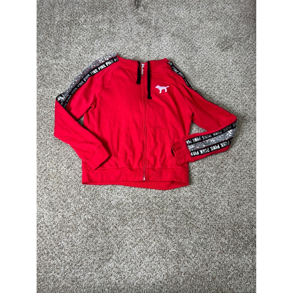 Pink Victoria's Secret Red Sequin Dog Logo Full Zip Hoodie Sweatshirt Large